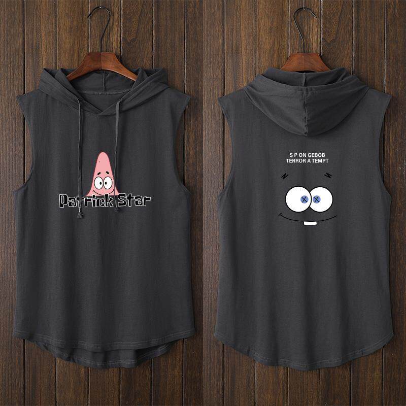 夏季男士背心t恤无袖卫衣连帽套头韩版修身上衣坎肩帽衫运动背心