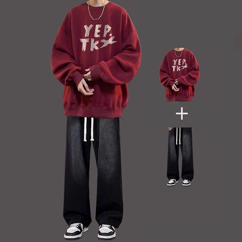 重磅卫衣男款秋冬季长袖圆领上衣秋季加绒美式酒红色男生无帽外套