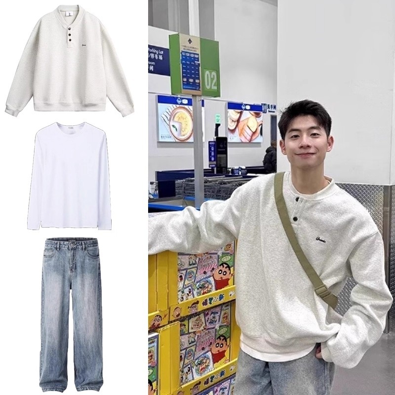 秋季少年感领纽扣卫衣男款套装男