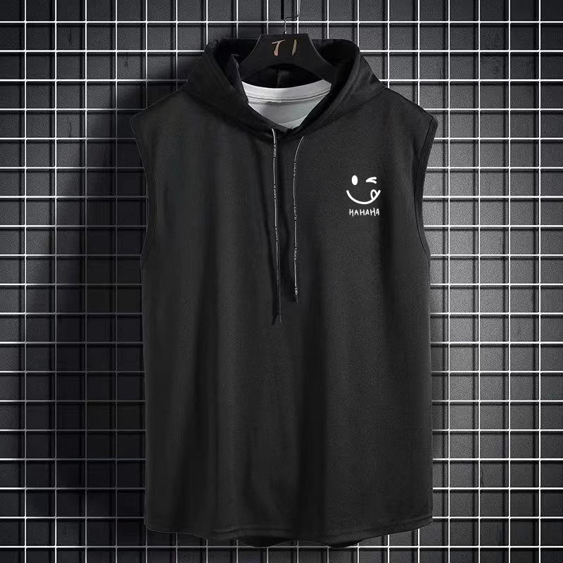 国风街头连帽背心男潮牌带帽无袖t恤男卫衣帽衫夏季男装马甲薄款