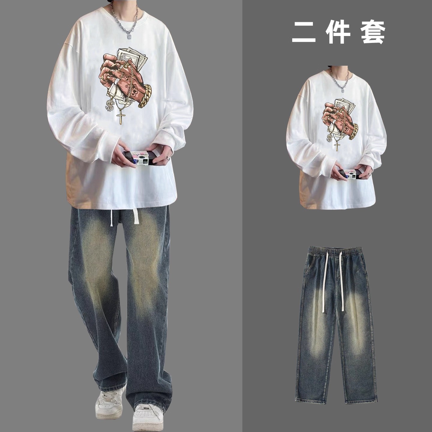美式潮牌手捧美金印花长袖T恤男