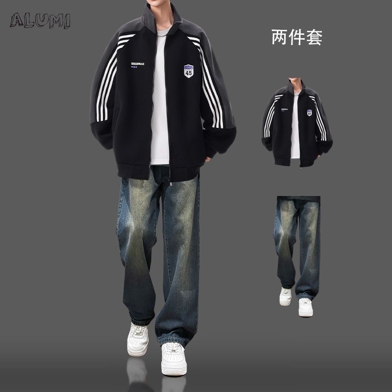 春秋季织带撞色休闲立领卫衣外套青少年男装帅气学生潮流开衫套装