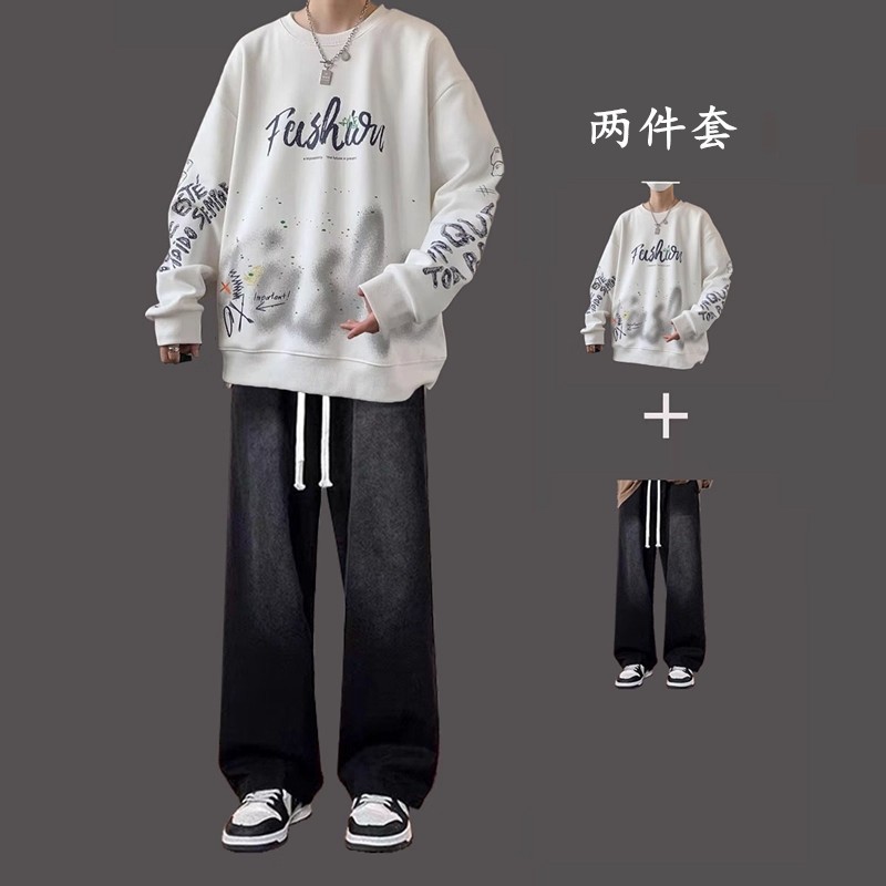 美式复古圆领卫衣男春秋潮牌高级感外套酷帅搭配宽松冬款长袖衣服