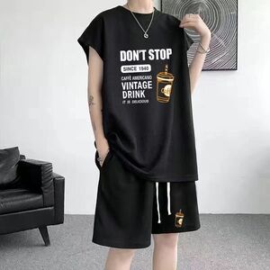 背心套装男夏季薄款学生潮流无袖t恤宽松休闲运动短裤华夫格套装