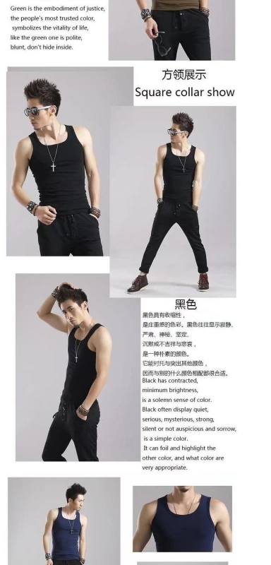 Áo vest nam bó sát cotton vuông cổ áo thể dục chủ đề Slim word căng thanh niên thể thao thấm mồ hôi - Áo vest cotton áo thun nam body
