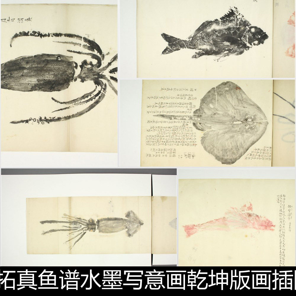 eoq日本明治时期拓真鱼谱水墨写意画乾坤版画插图非高清小图素材