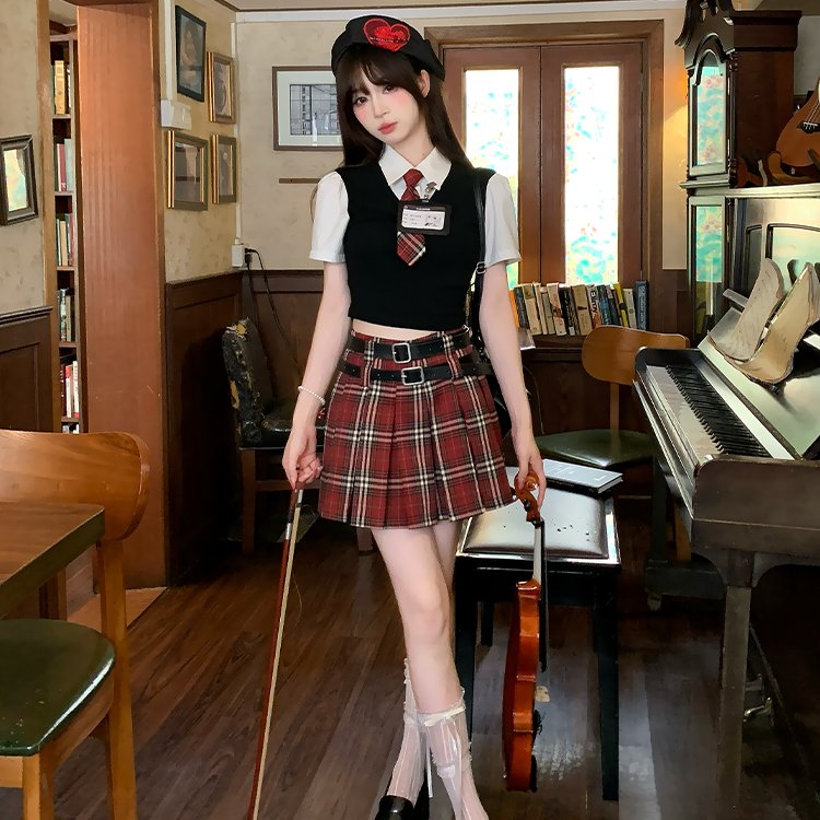 美式辣妹学院风假两件短袖衬衫套装女复古红色格纹半裙