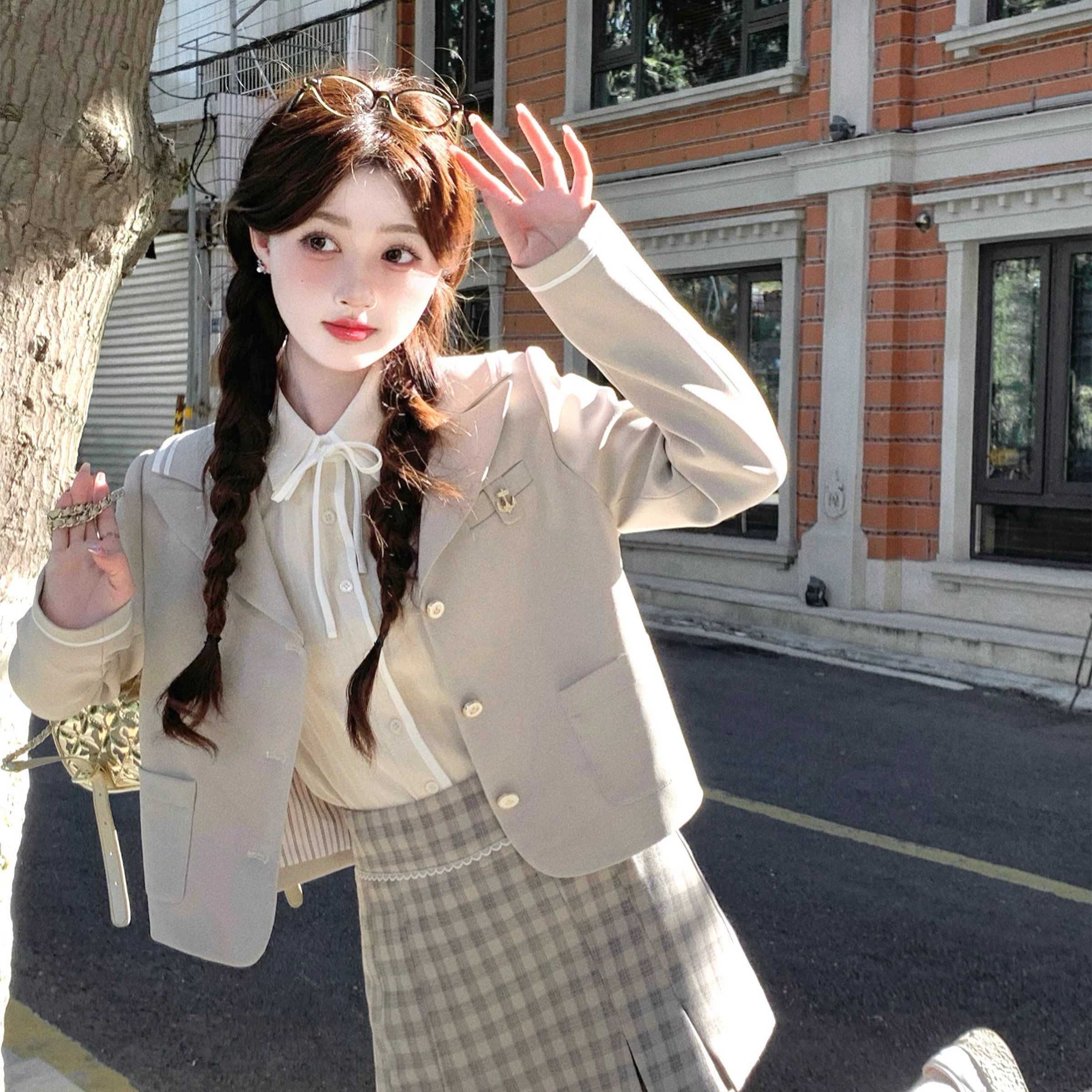 英伦学院风套装jk制服秋冬季西装外套格纹半身裙韩剧穿搭三件套装