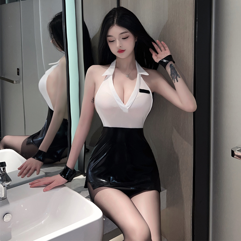 情趣睡衣性感迷你超短裙OL制服海军风Polo领挂脖露背系带连衣裙