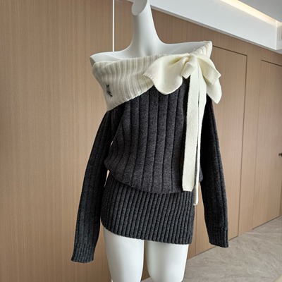 一字肩蝴蝶结厚款连衣裙女氛围感针织长袖毛衣江浙沪富家千金穿搭