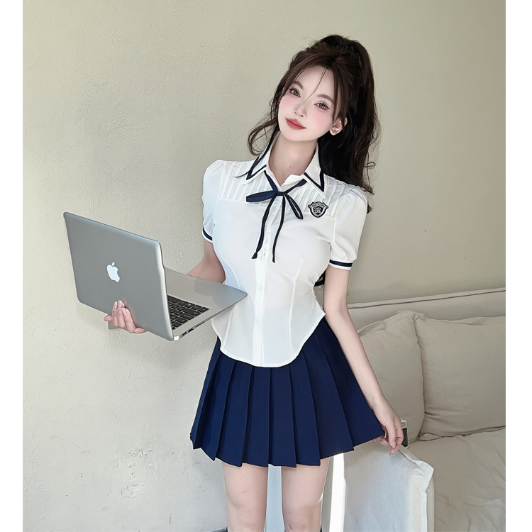 夏季学院风jk白色蝴蝶结衬衫女上衣学生制服修身收腰短款短袖衬衣