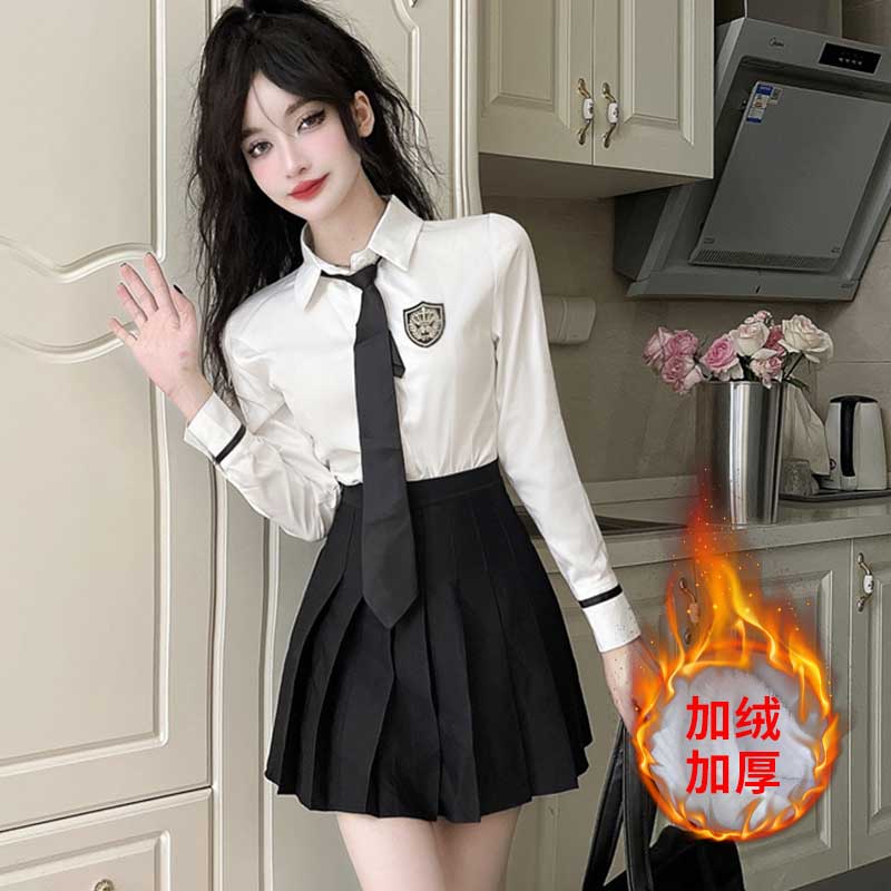 英伦校服冬季加绒减龄学院风白色长袖衬衣百褶裙jk制服两件套