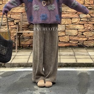 羊毛绒感花朵刺绣设计紫色毛衣 雪尼尔松紧腰百搭显瘦灰色休闲裤