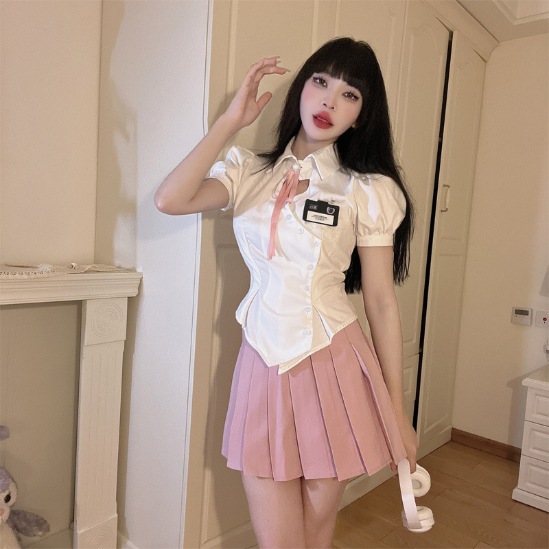 JK制服短袖衬衫女夏季学院风百搭收腰衬衣泡泡袖辣妹上衣套装