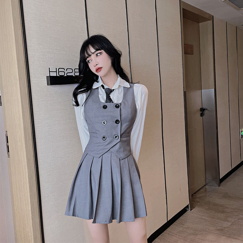 美式学院风jk制服套装女秋季韩系校服长袖衬衫马甲百褶裙三件套女
