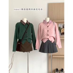 宋正恩粉色假两件polo领针织开衫女2025冬季外穿独特漂亮毛衣外套