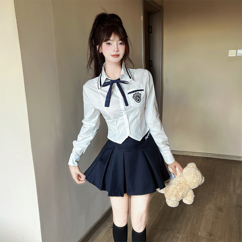 学院风jk套装辣妹制服长袖领结衬衫高腰百褶短裙半身裙两件套女秋