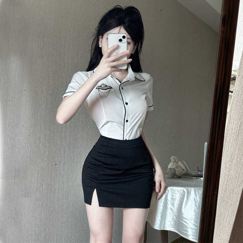 职业制服套装女夏季修身短袖白色衬衣包臀裙工作服时尚两件套