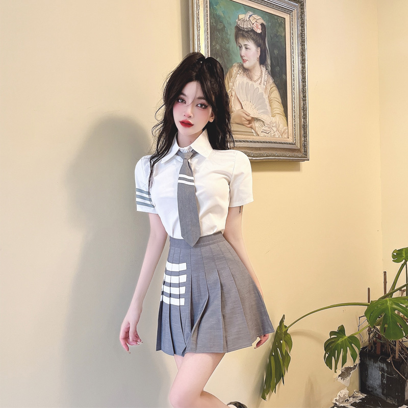学院风jk制服套装女夏季减龄衬衣高腰百褶裙洋气三件套女