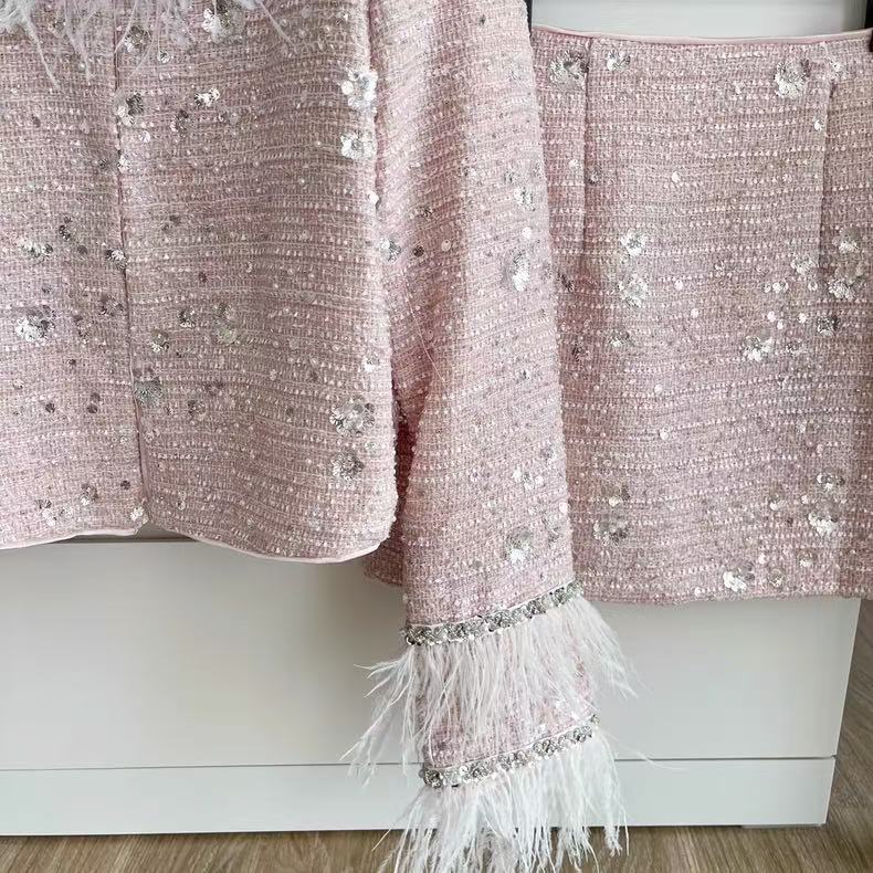 2025新款法式时尚轻奢重工细闪毛毛拼接长袖外套短半身裙套装女士