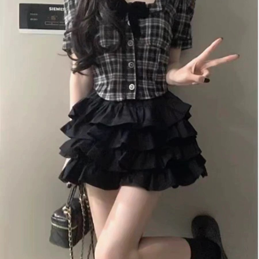 夏季jk制服法式复古黑白格纹方领衬衫学院风收腰蛋糕短裙两件套装