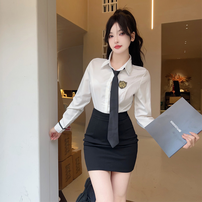 英伦学院风jk制服套装职业装长袖衬衫包臀裙性感时尚工作服两件套