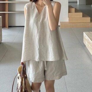 2026新款简约亚麻女士V领背心纯色宽松阔腿短裤夏款两件套装女装
