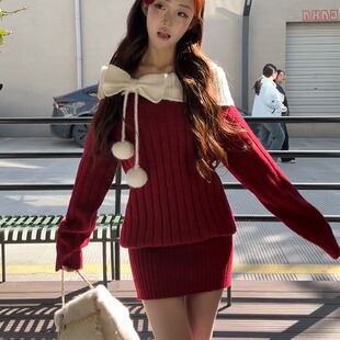 连衣裙子韩系氛围感针织女秋冬季新款一字肩毛衣红色露肩上衣内搭
