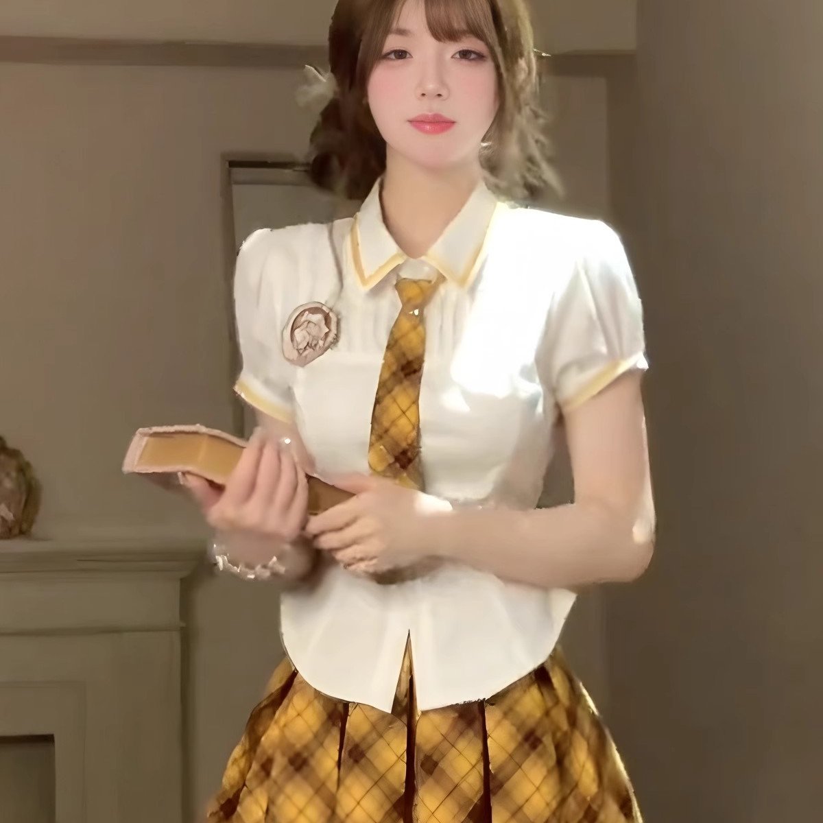 韩系学院风白色短袖衬衫格子半身裙两件套女夏季新款辣妹减龄套装