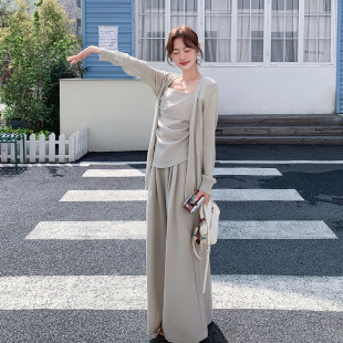 三件套装 女气质休闲阔腿裤 慵懒风针织棉麻吊带开衫 2026早春新款