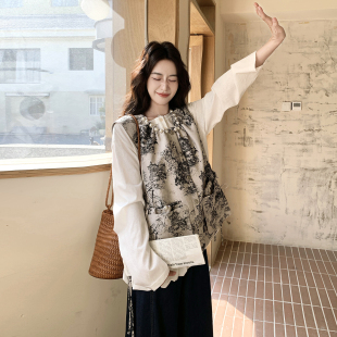 新款 牛仔天丝裤 法式 马甲女宽松衬衫 三件套 复古印花中式 2026春季