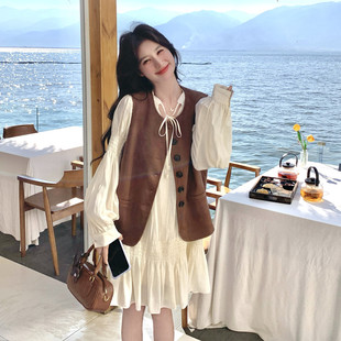 2026早春新款田园风麂皮绒马甲背心连衣裙套装女宽松显瘦两件套