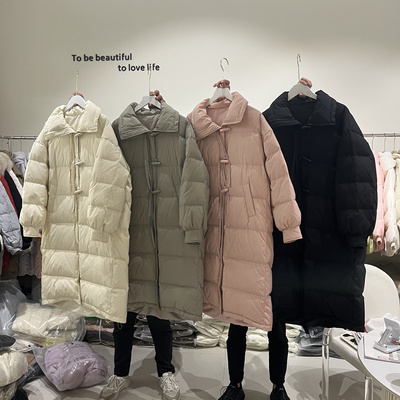高级感羽绒服女中长款2025冬季新款小个子牛角扣白鸭绒保暖外套韩
