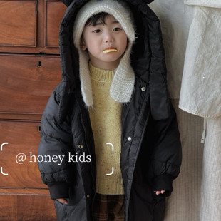 honeykids儿童羽绒服中长款黑色连帽2025冬季新款男女童90白鸭绒