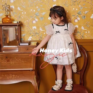 女童白色浮雕花欧根纱连衣裙2026夏季新款公主礼服高級感裙子粉色