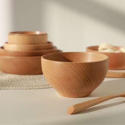 何适实木碗榉木整木沙拉碗家用水果碗日式木质碗复古原木餐具纯色