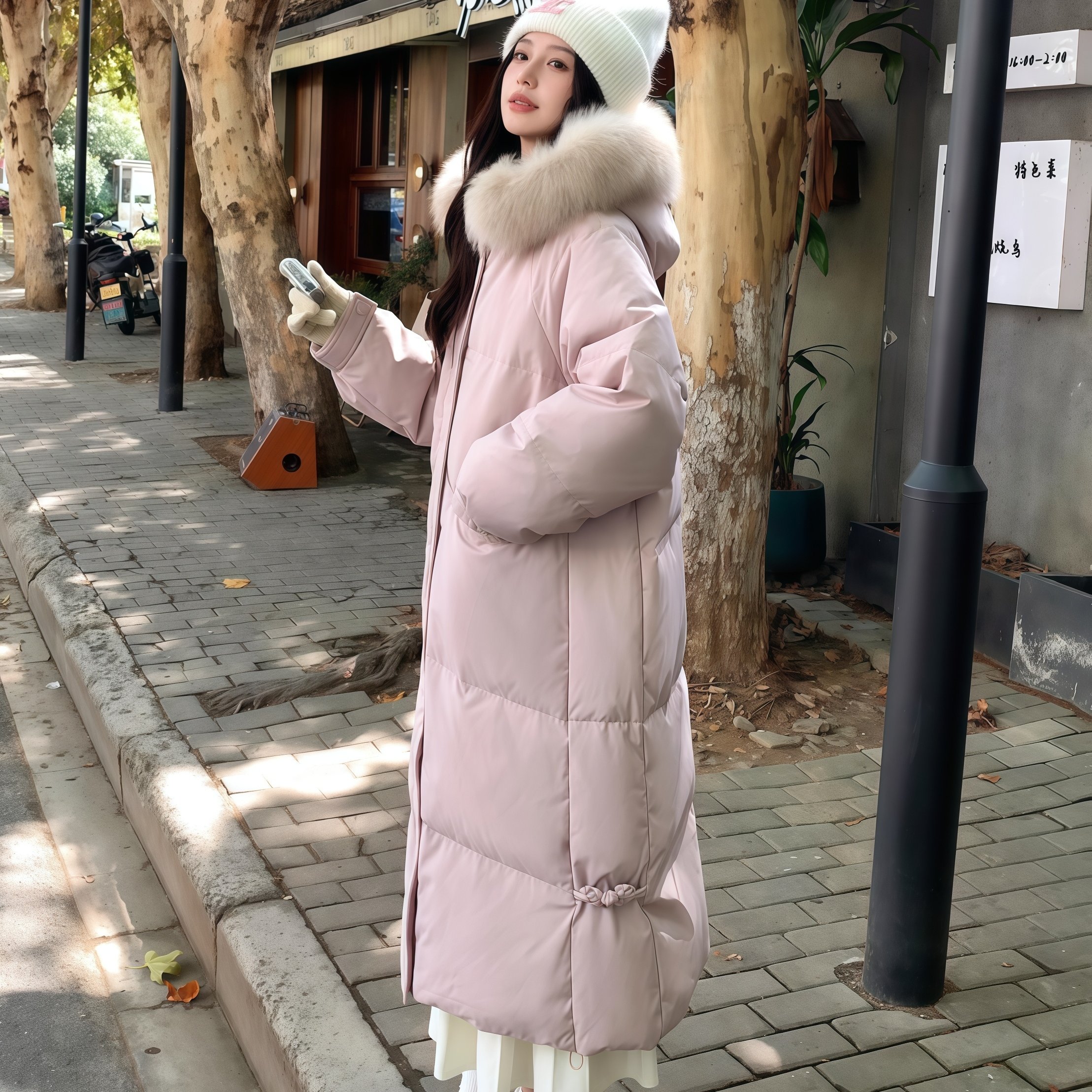 粉色连帽加厚白鸭绒过膝羽绒服女