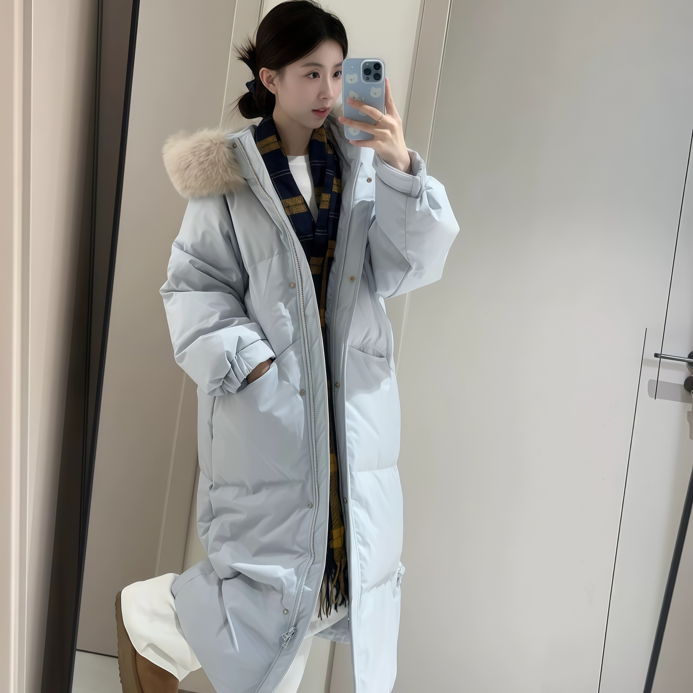 大毛领羽绒服女中长款过膝连帽女