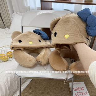 可爱卡通黑皮kt猫咪连帽U枕女长途坐车高铁飞机旅行护颈枕脖子枕