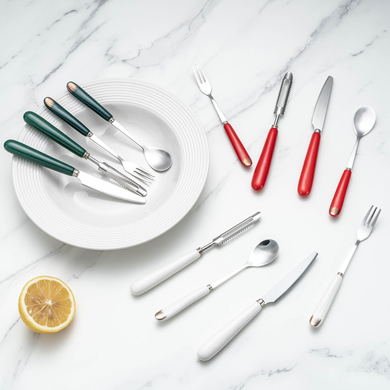 北欧陶瓷柄不锈钢水果叉削皮刀家用月饼叉蛋糕叉甜品咖啡小叉勺刀