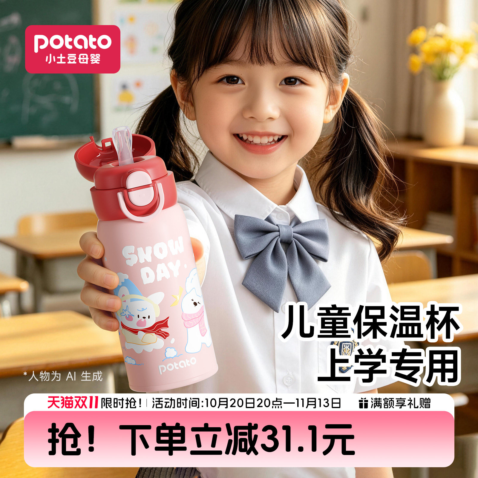 小土豆儿童专用保温水杯女孩上学吸管保温杯儿童幼儿园官方喝水杯