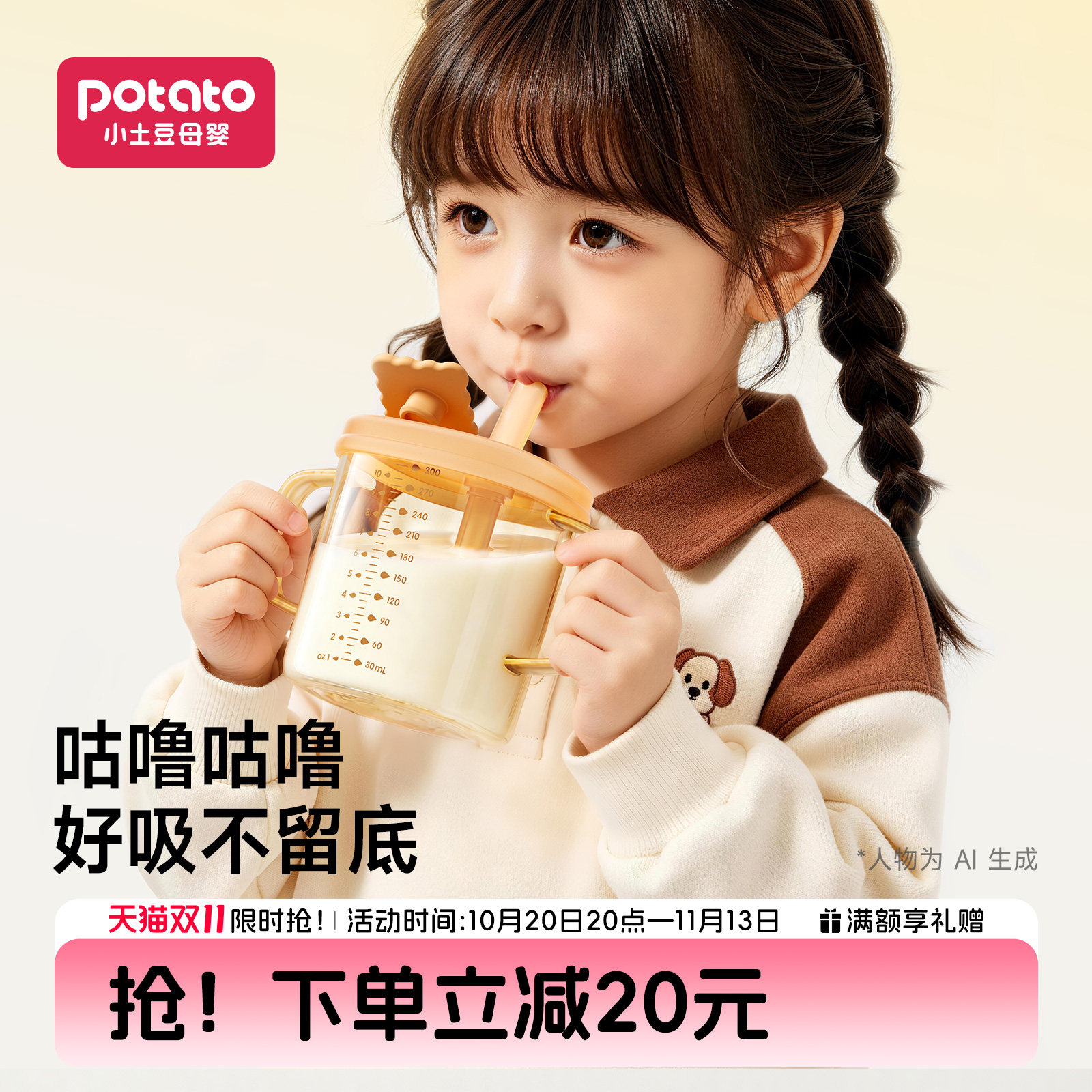 小土豆儿童牛奶杯1一3岁以上奶瓶PPSU直饮水杯宝宝喝奶刻度吸管杯