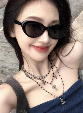 复古十字架吊坠黑珠项链多层叠戴朋克ins风百搭高级感锁骨链辣妹