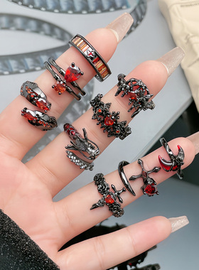 朋克暗黑风个性红钻开口戒指无性别风辣妹叠戴小众设计独特食指戒