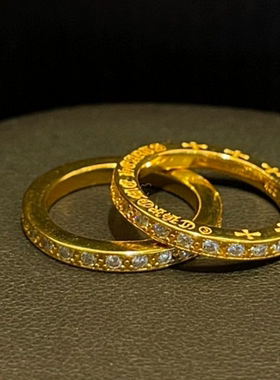 纯银CH克罗伈戒指3mm 镀金满钻条戒男女情侣十字架细戒复古朋克