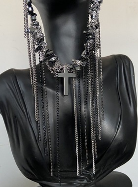 暗黑朋克重工链条流苏不规则串珠十字架吊坠项链女甜酷辣妹锁骨链