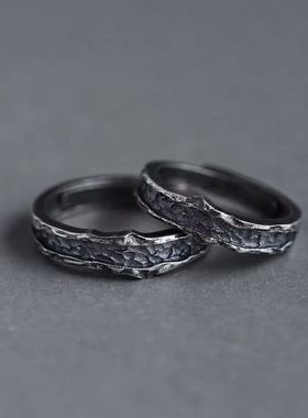 深渊情侣戒指男女一对开口指环冷淡风单身戒复古做旧仿泰银对戒