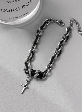 气质黑宝石吊坠手链女 设计感小众个性简约ins潮网红钛钢情侣手链