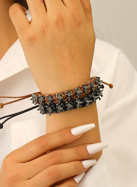 欧美跨境个性朋克暗黑合金龙骨男士编织手链尺寸可调节手链女