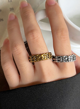 岚芷 十字花指环潮男ins小众设计嘻哈个性欧美饰品925银戒指开口